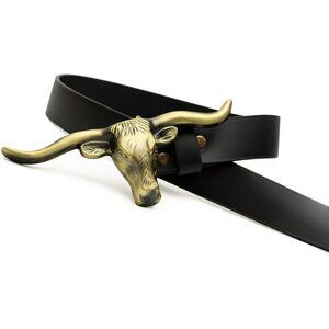 Woman's Leather Cowgirl Belt w/Longhorn Bull Metal Belt Buckle Stylish Country